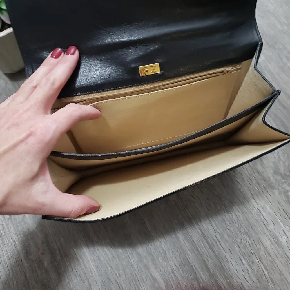 Vintage Genuine Leather Top Handle Handbag Black Gold - Picture 8 of 10